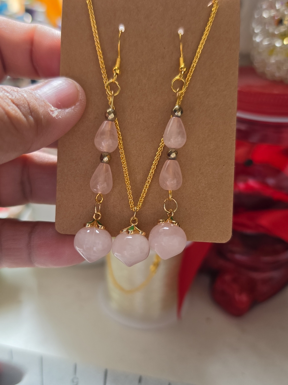 Gold-Tone Necklace and Earrings Set with Pink Heart Gemstones